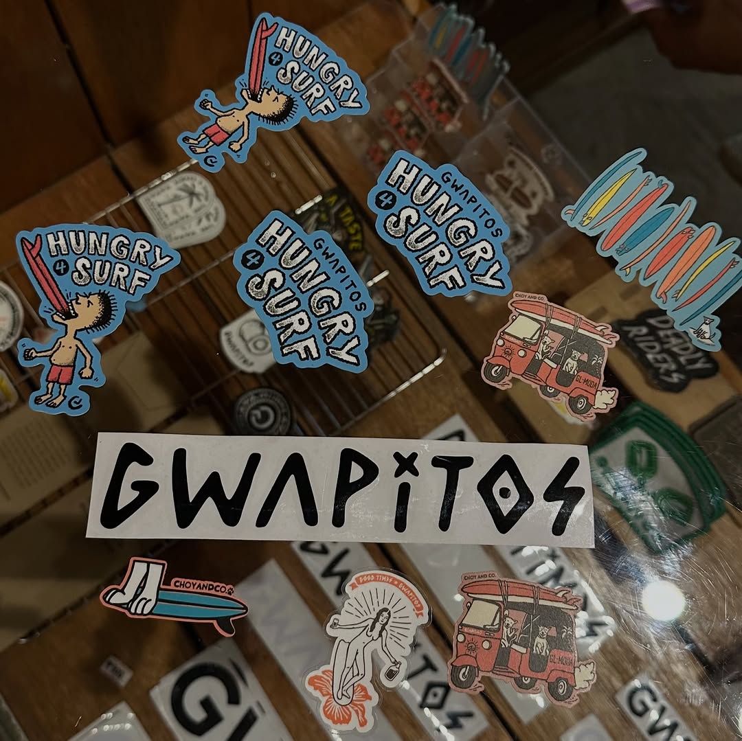 Local surf culture and shop stickers in Siargao